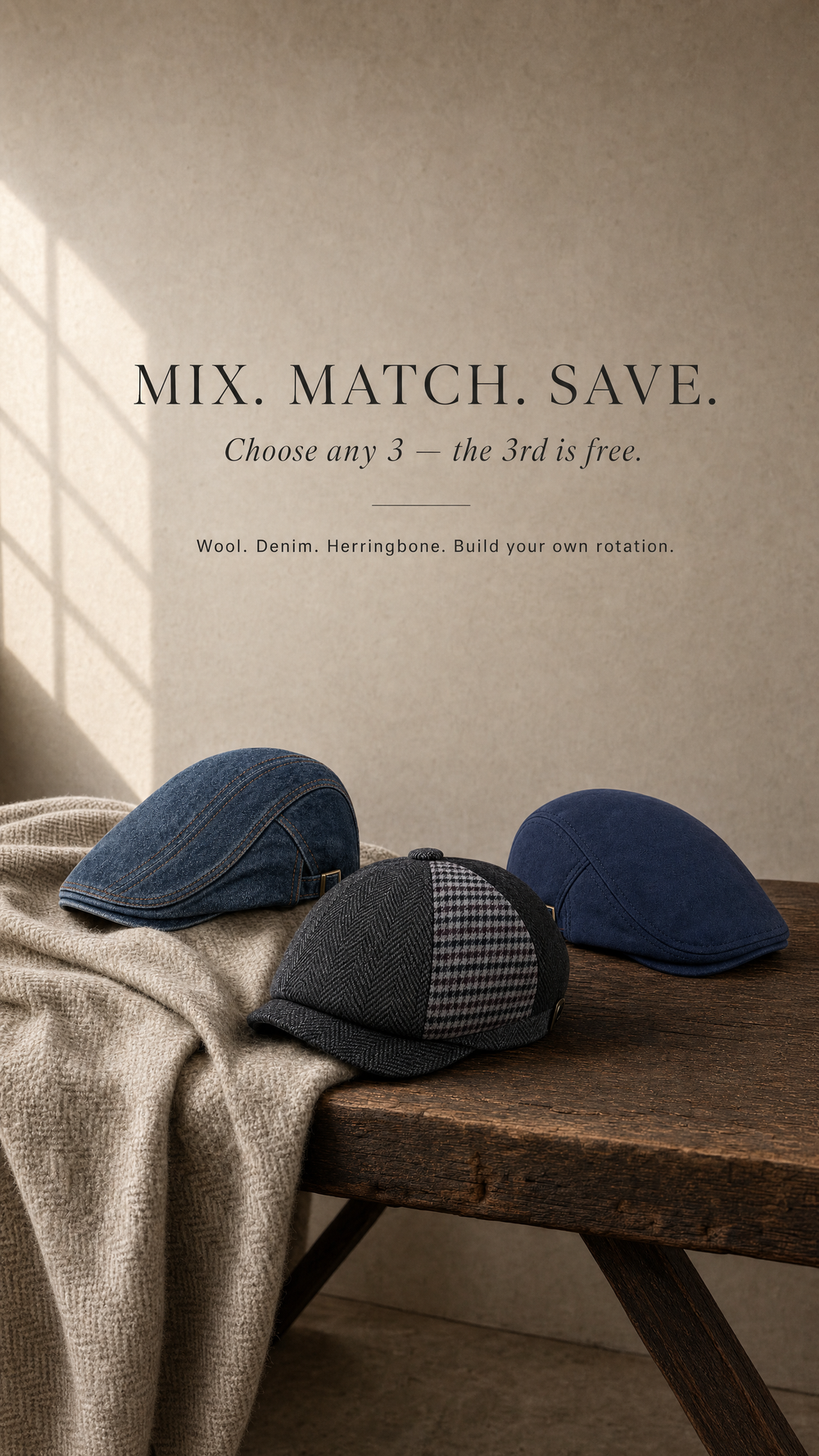 Three caps in denim, herringbone and navy on a wooden bench. Mix, match, save: choose any 3, the 3rd is free