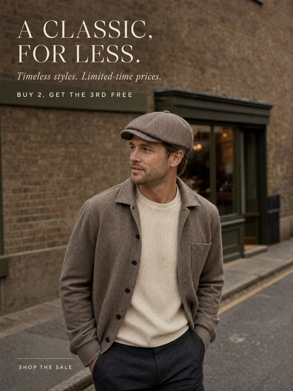Man in a herringbone newsboy cap. A classic, for less: buy 2, get the 3rd free