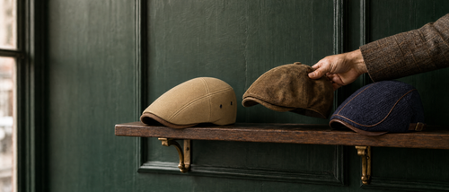 Three flat caps on an oak shelf in a hatter's shop
